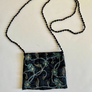 MOYNA crossbody Beaded/embroidery small bag in black w/ blue & gold accents